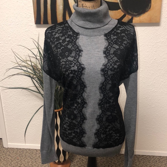 Halogen Sweaters - NWT Halogen Gray Turtleneck with Black Lace Sz L